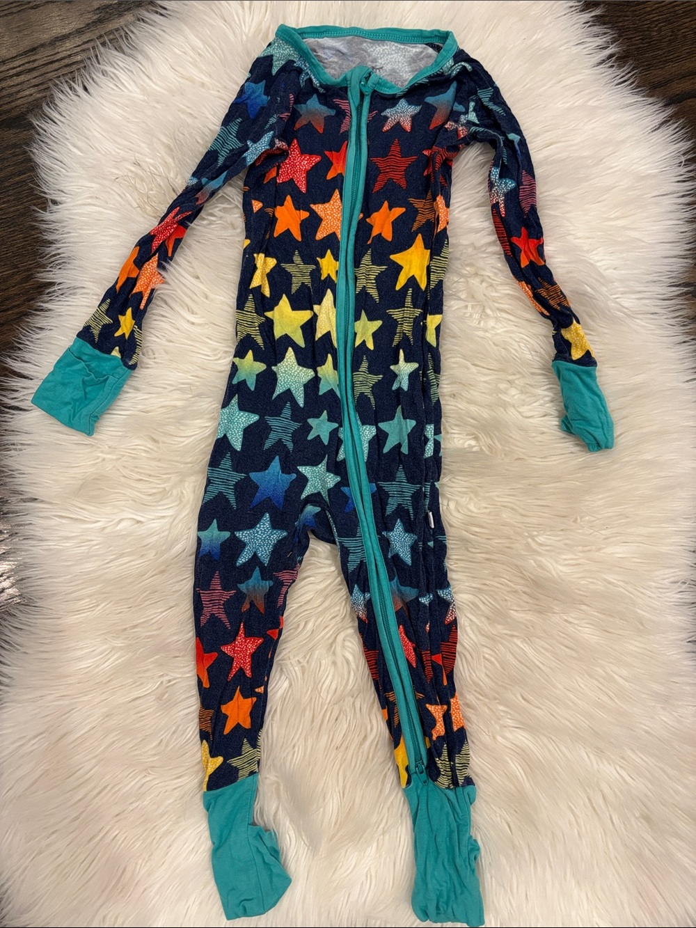 Little sleepies Star-Print One-Piece Pajamas in Navy with Teal Trim